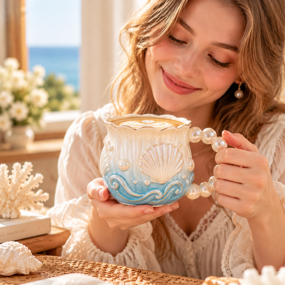 mugfolkery® Seashell Pearl Ceramic Coffee Mug