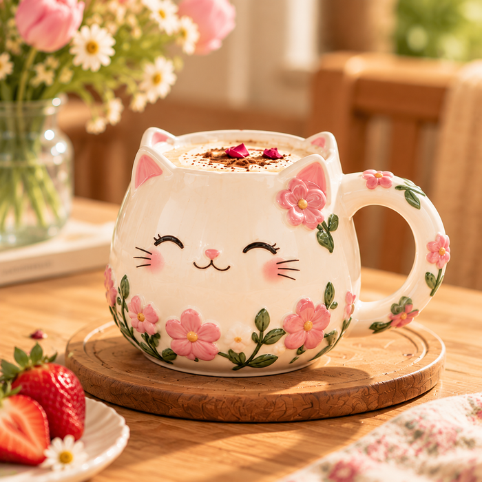 mugfolkery® Floral Cat Ceramic Coffee Mug